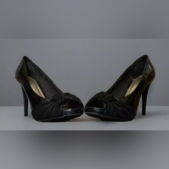 Fiore Black Patent Leather & Suede Rouched Bow Peep Toe Pumps, 4.5” Heel - Picture 2 of 7
